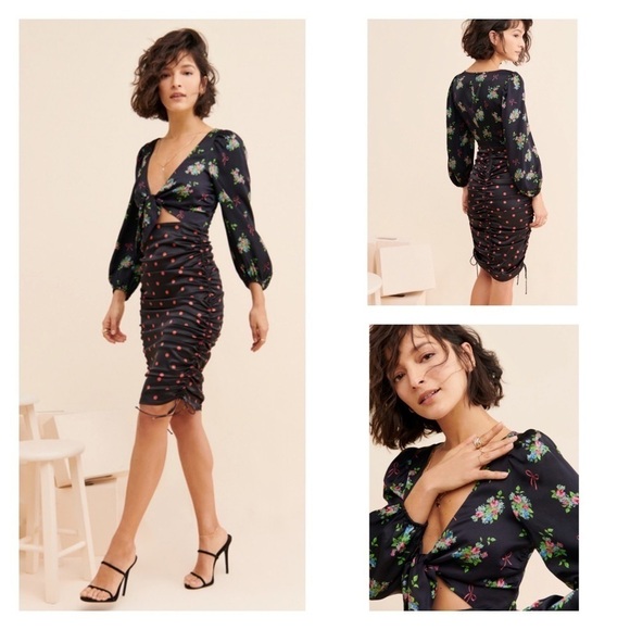 FOR LOVE & LEMONS Wilson Mixed Print Front Cutout Ruched Midi Dress Size 1X - Picture 1 of 11